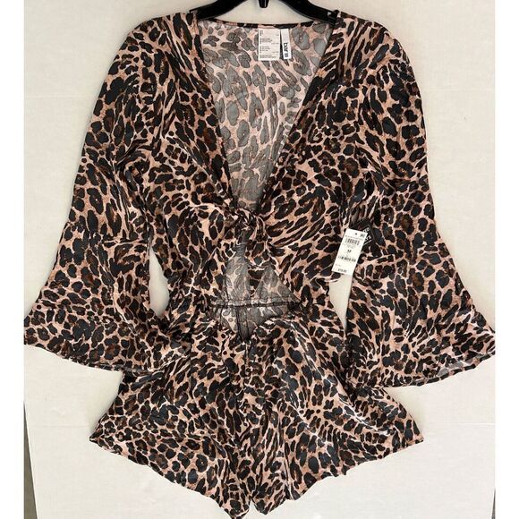 Bar IIl Sz M Beach Cheetah Tie Front LS V-Neck Romper Swim Cover Up Pockets $80 - Picture 3 of 11